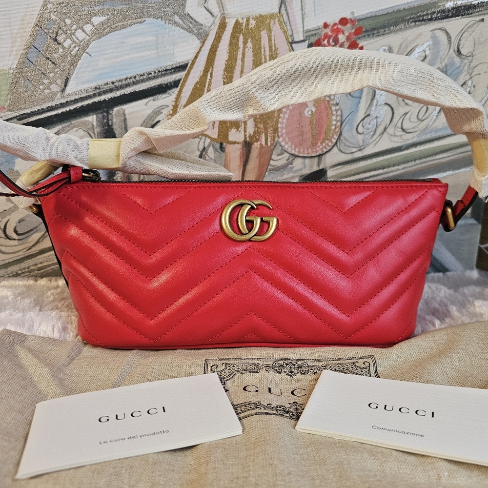 Gucci GG Marmont Leather Mini  Shoulder Bag in red color.  Brand new